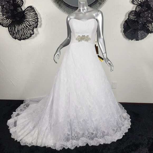 NWT~$2750~DEMETRIOS~10/12~WHITE STRAPLESS RHINESTONE BEADED LACE WEDDING DRESS - Picture 4 of 16